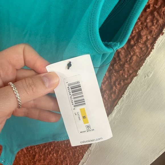 Calvin Klein Jeans Monogram Logo Scoop Back Thong Tank Top Bodysuit Teal Medium - Picture 5 of 5